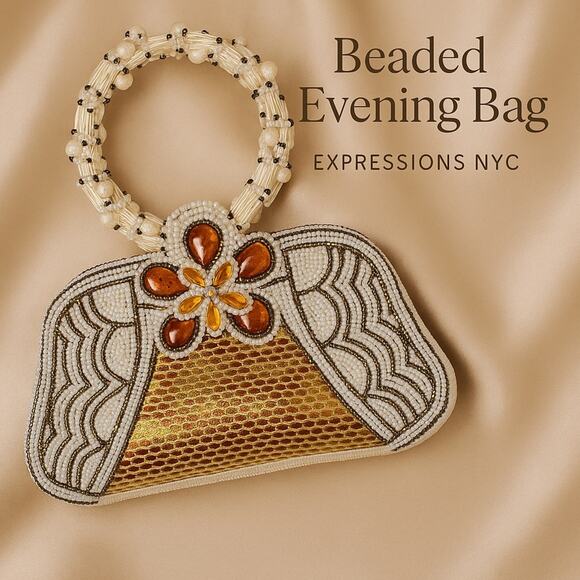 Expressions NYC Beaded Evening Bag Gold & Amber Floral Handle NWT - Picture 8 of 9